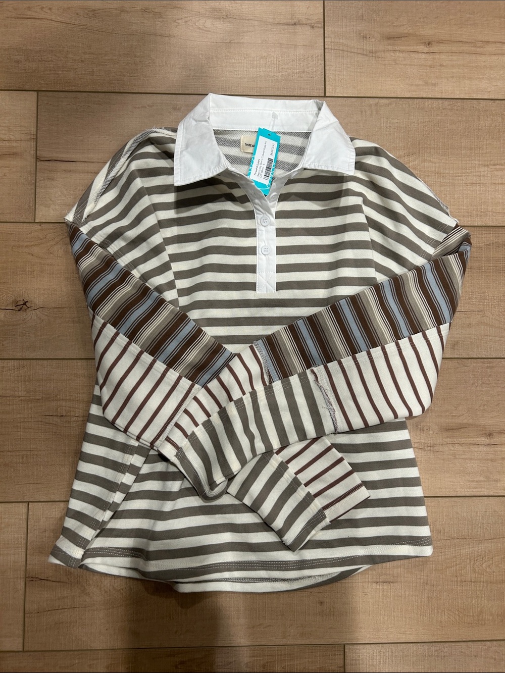 Women's small Thread & Supply Striped Rugby Polo in White, Gray & Brown